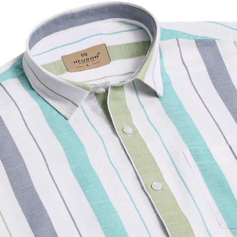 Men Green And White Striped Full Sleeves Shirt