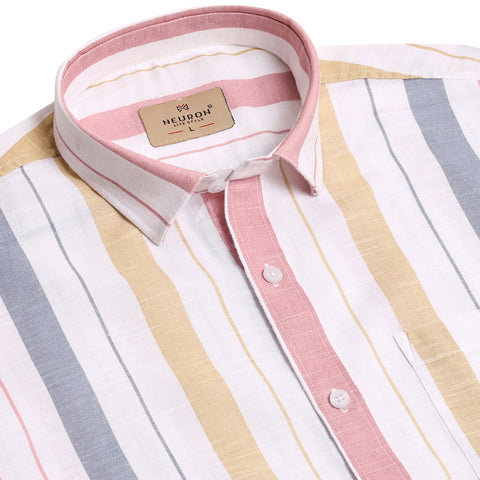 Men Pink And White Striped Full Sleeves Shirt
