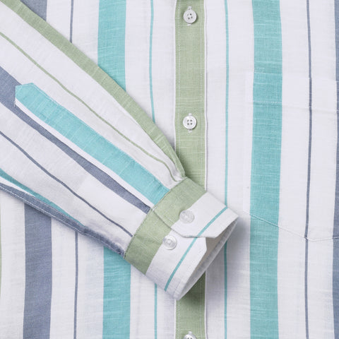 Men Green And White Striped Full Sleeves Shirt