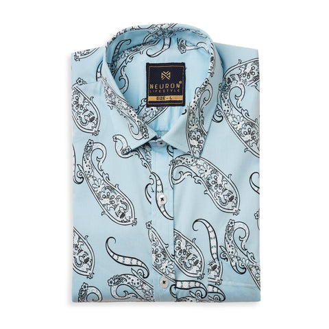 Men Sky Blue Printed Half Sleeves Shirt