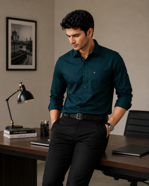 Men Bottle Green Solid Cotton Shirt