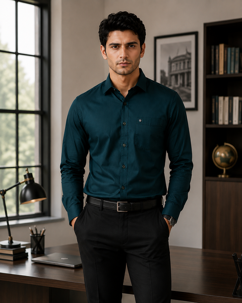 Men Bottle Green Solid Cotton Shirt