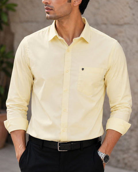 Men Cream Solid Cotton Shirt