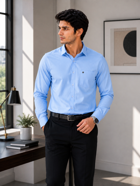 Men Sky Blue Solid Cotton Shirt