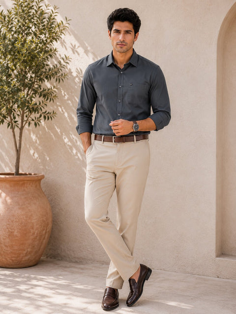 Men Steel Grey Solid Cotton shirt