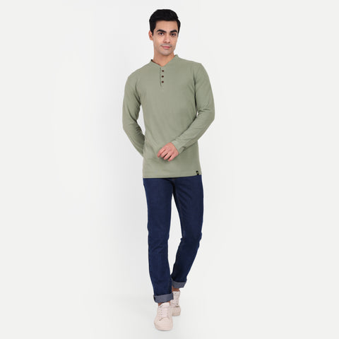 Men’s Moss Green Henley Collar T-shirt.