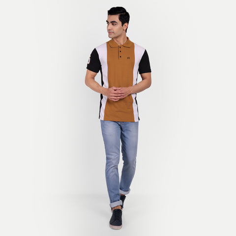 Men Brown White Black Color Blocked Polo Collar t-shirt