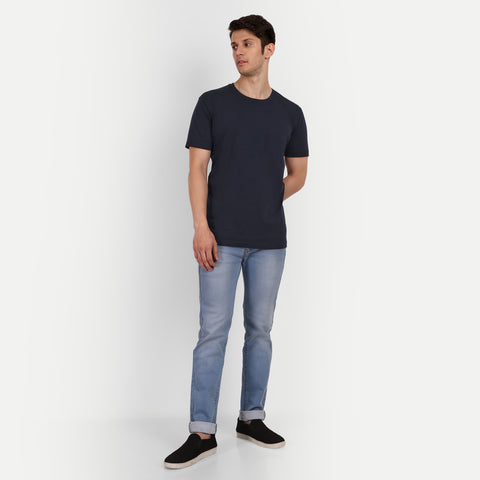 Men Navy Blue Solid Round Neck T-shirt
