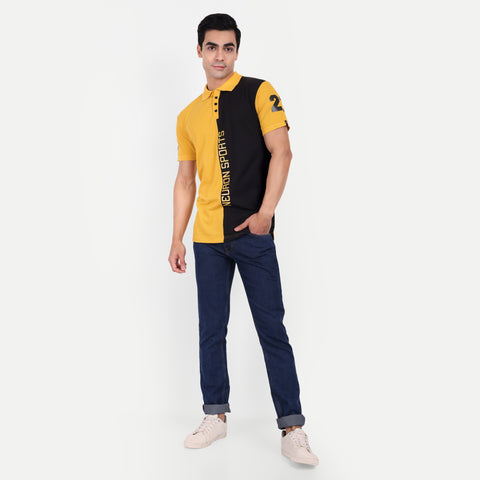 Men Mustard Yellow Black Color Blocked Printed Polo Collar T-Shirt