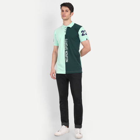 Men Mint & Bottle Green Color Blocked Polo Collar T-Shirt