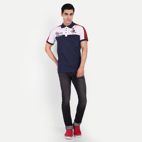 Men Navy Red & White Color Blocked Polo Collar T-Shirt