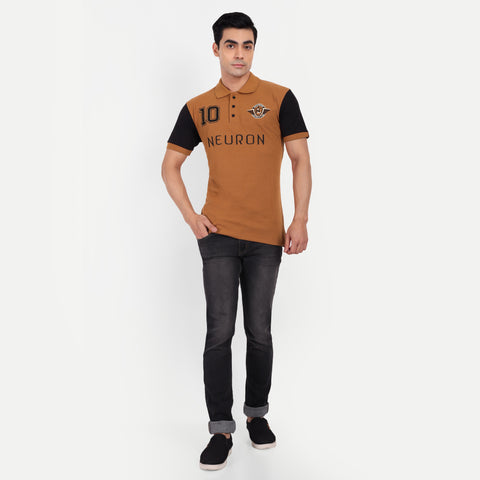 Men Brown And Black Color Blocked Polo Collar T-shirt