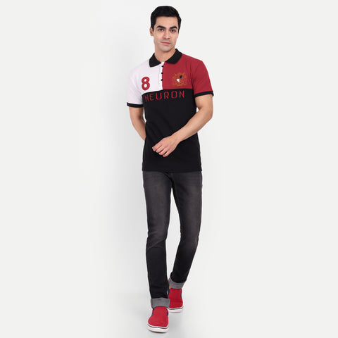 Men Black, White & Red Color Blocked Polo Collar T-Shirt