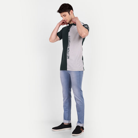 Men Bottle Green & Grey Color Blocked Polo Collar T-Shirt