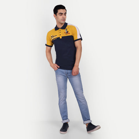 Men Navy Yellow & White Color Blocked Polo Collar T-Shirt