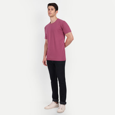 Men Punch Pink Solid Round Neck T-shirt