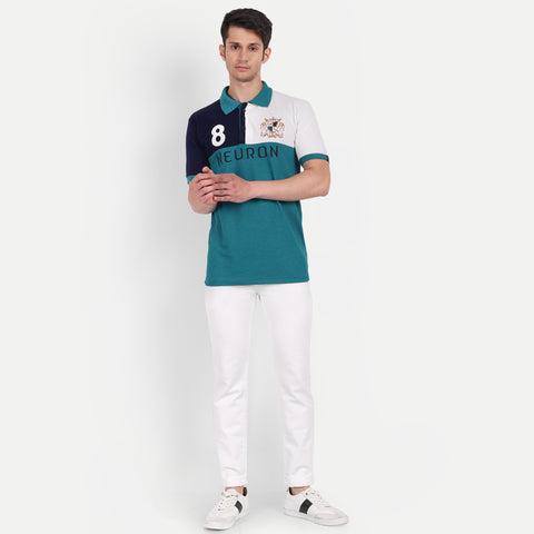 Men Teal Blue, White & Navy Color Blocked polo Collar t-Shirt
