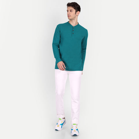 Men's Teal Blue Solid Henley Collar T-shirt.