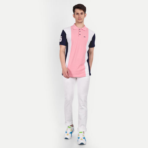Men Pink White & Navy Blue Color Blocked Polo Collar t-shirt