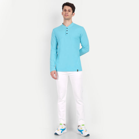 Men’s Sky Blue Henley Collar T-shirt.