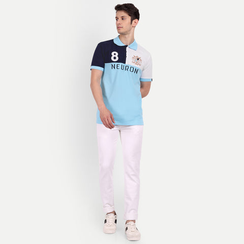 Men Sky Blue, White & Navy Color Blocked Polo Collar T-Shirt