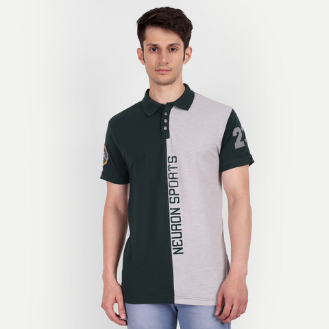 Men Bottle Green & Grey Color Blocked Polo Collar T-Shirt