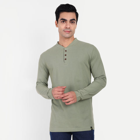 Men’s Moss Green Henley Collar T-shirt.