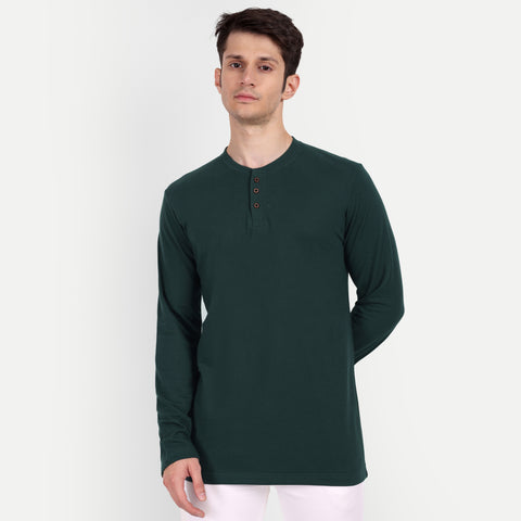 Men's Bottle Green Solid Henley Collar T-shirt