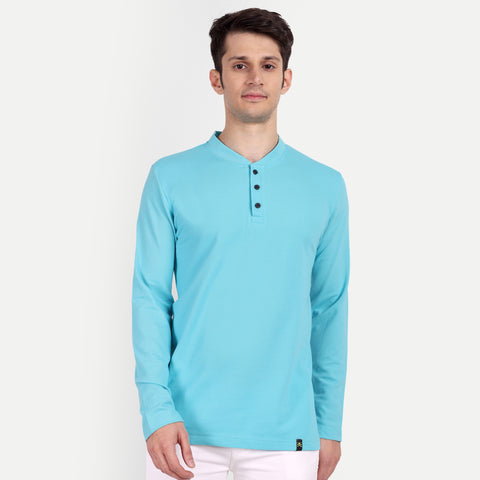 Men’s Sky Blue Henley Collar T-shirt.