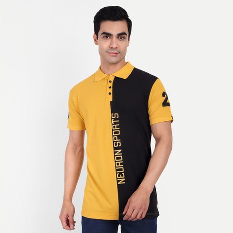 Men Mustard Yellow Black Color Blocked Printed Polo Collar T-Shirt