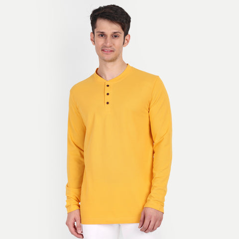 Men’s Yellow Henley Collar T-shirt.