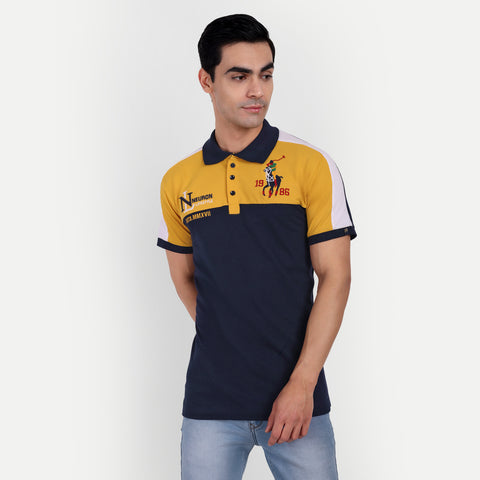 Men Navy Yellow & White Color Blocked Polo Collar T-Shirt