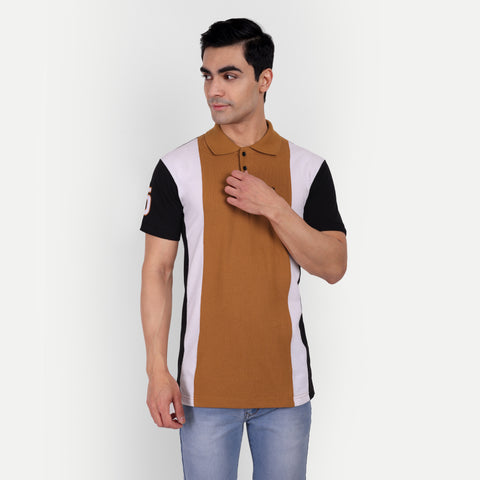 Men Brown White Black Color Blocked Polo Collar t-shirt