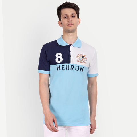 Men Sky Blue, White & Navy Color Blocked Polo Collar T-Shirt