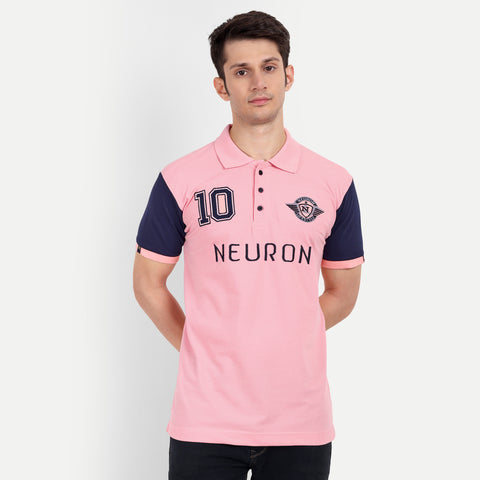 Men Pink & Navy Blue Color Blocked Polo Collar T-Shirt