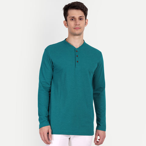 Men's Teal Blue Solid Henley Collar T-shirt.