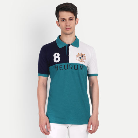 Men Teal Blue, White & Navy Color Blocked polo Collar t-Shirt