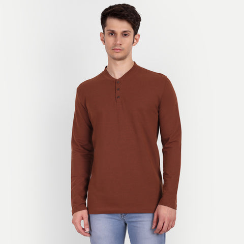 Men's Brown Solid Henley Collar T-shirt