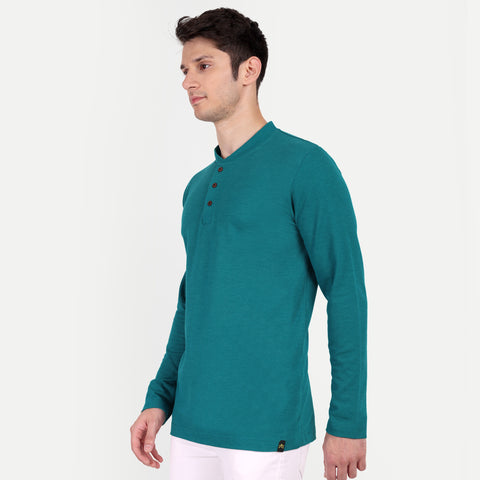 Men's Teal Blue Solid Henley Collar T-shirt.