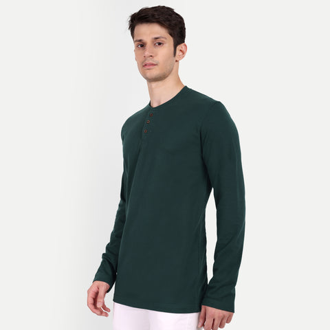 Men's Bottle Green Solid Henley Collar T-shirt