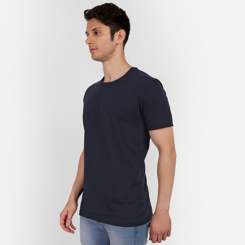 Men Navy Blue Solid Round Neck T-shirt