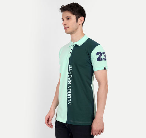 Men Mint & Bottle Green Color Blocked Polo Collar T-Shirt
