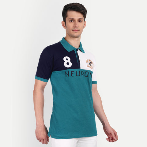Men Teal Blue, White & Navy Color Blocked polo Collar t-Shirt