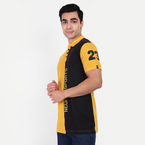 Men Mustard Yellow Black Color Blocked Printed Polo Collar T-Shirt
