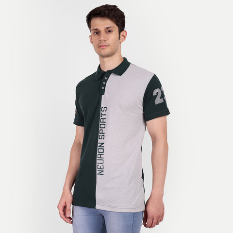 Men Bottle Green & Grey Color Blocked Polo Collar T-Shirt
