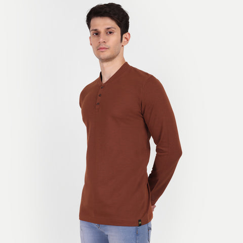 Men's Brown Solid Henley Collar T-shirt