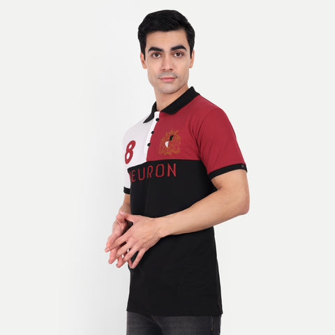 Men Black, White & Red Color Blocked Polo Collar T-Shirt