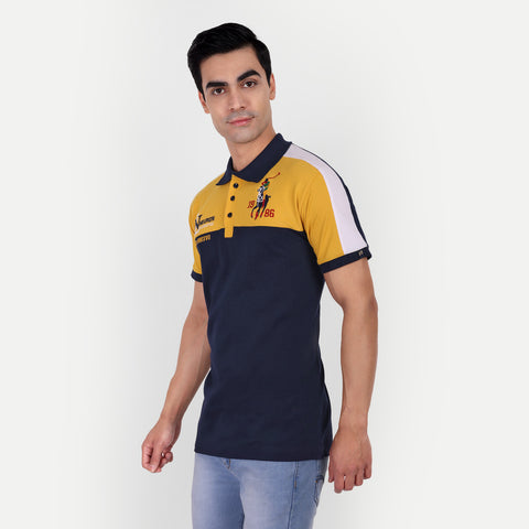 Men Navy Yellow & White Color Blocked Polo Collar T-Shirt