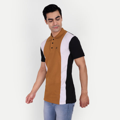 Men Brown White Black Color Blocked Polo Collar t-shirt