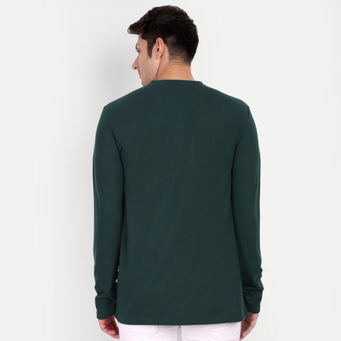 Men's Bottle Green Solid Henley Collar T-shirt